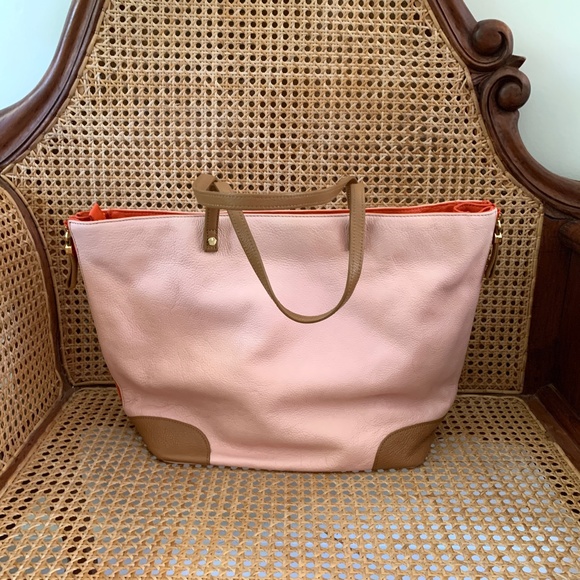 Tory Burch Pink Tan Orange Zip Leather Shoulder Work Tote Bag - Picture 4 of 9